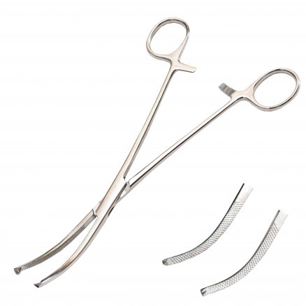 Затискач по Bengolea, з кремальєрою для прикріплення білизни до очеревини. Довжина 19,5 см